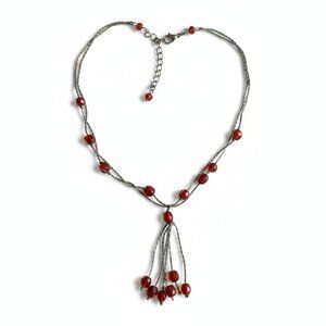 VINTAGE - Matinee multilayer necklace - Rubis red beads herringbone chain